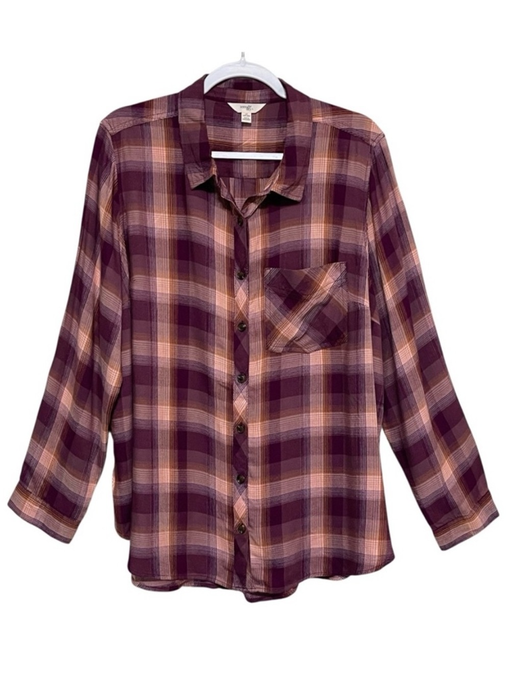 Terra & Sky Plaid Lightweight Button Front Shirt Relaxed Purple Women 1X 16W-18W